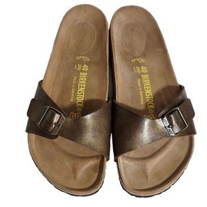 Birkenstock Madrid Bronze Leather Buckle Slides Mules